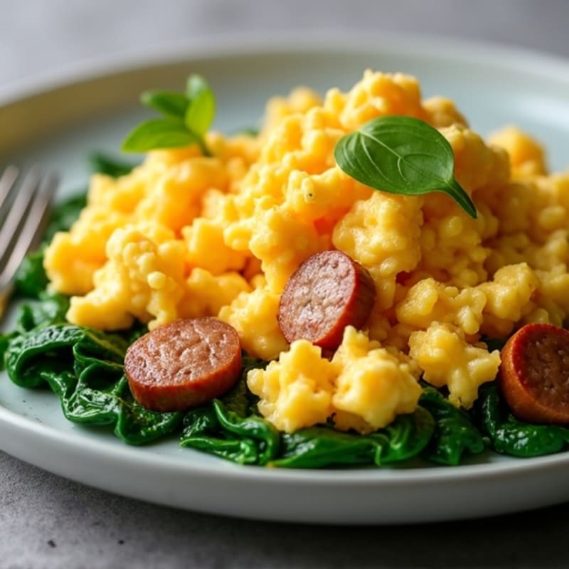 Fluffy Egg Scramble with Sautéed Spinach and Chicken Sausage