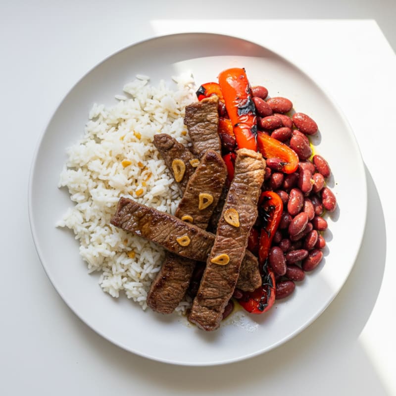 Seared Beef Strips with Garlic Rice, Roasted Peppers and Kidney Beans