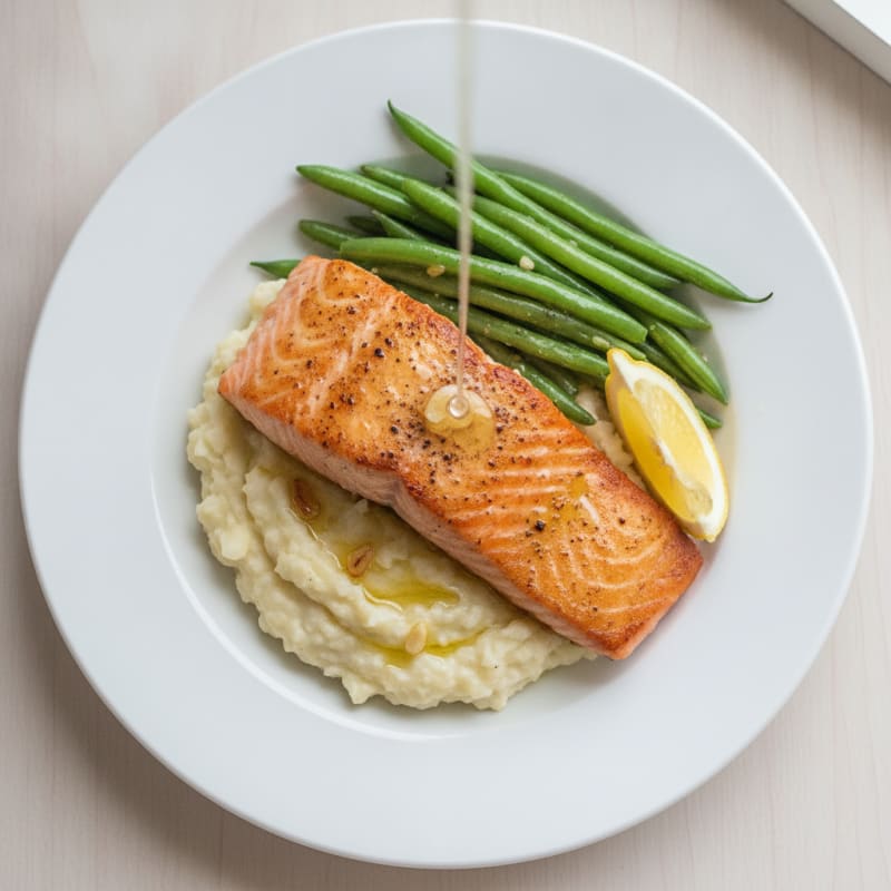 Seared Salmon Fillet with Steamed Green Beans and Garlic Mashed Cauliflower