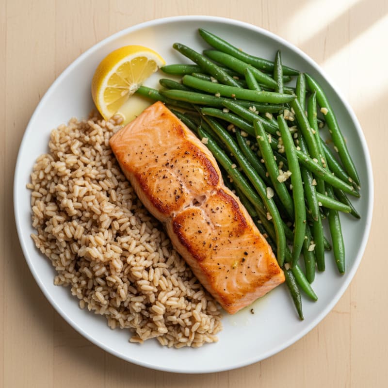 Seared Salmon with Garlic Green Beans and Brown Rice