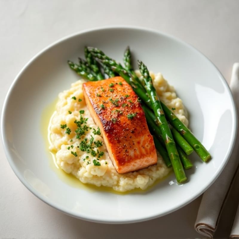 Seared Salmon Fillet with Steamed Asparagus and Cauliflower Mash