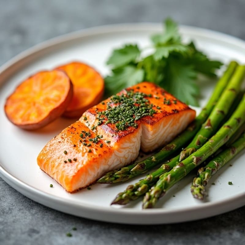 Seared Salmon with Roasted Asparagus and Sweet Potato