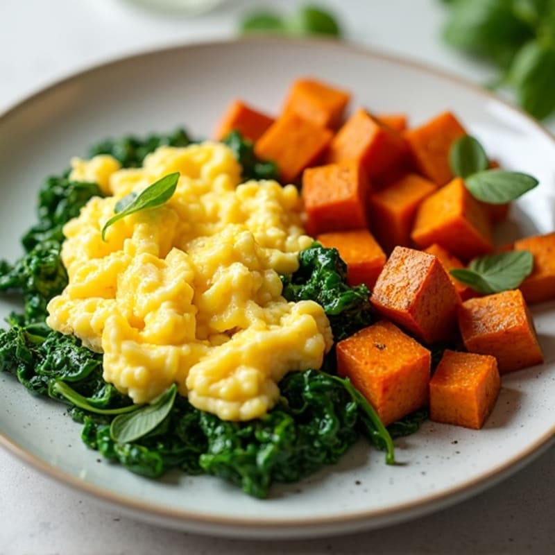 Fluffy Scrambled Eggs with Fresh Spinach and Roasted Sweet Potatoes