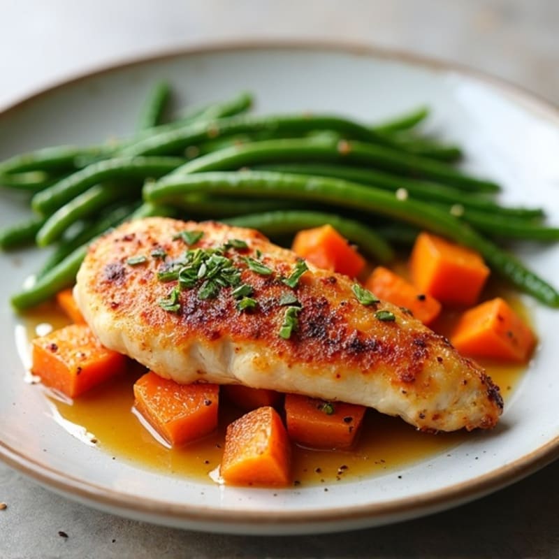 Crispy Sweet Potato and Chicken Skillet with Roasted Green Beans