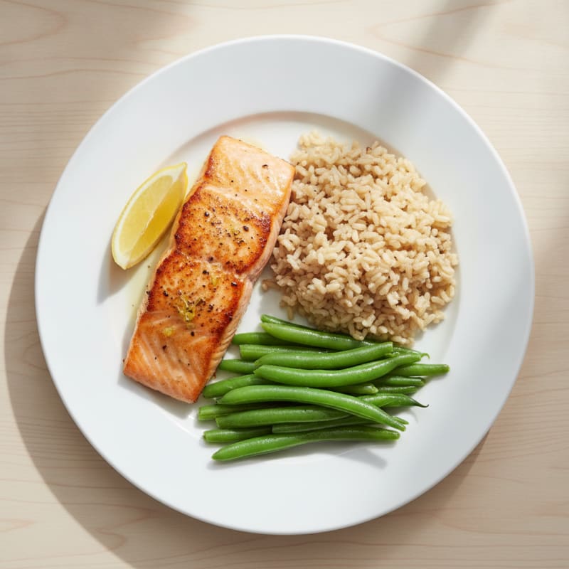 Seared Salmon Fillet with Steamed Green Beans and Brown Rice