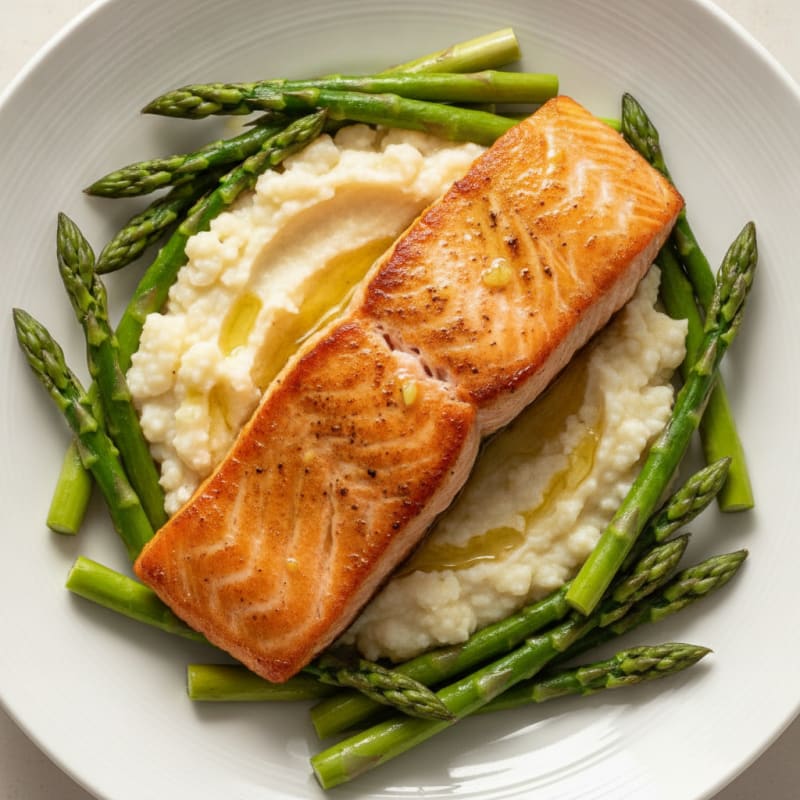 Seared Salmon with Steamed Asparagus and Cauliflower Mash