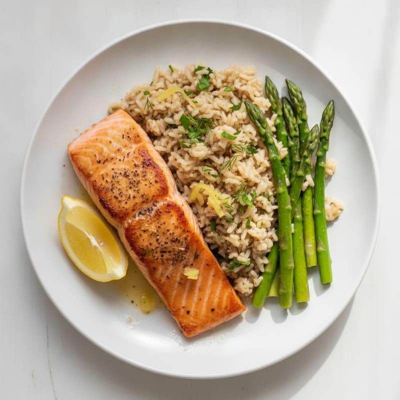 Seared Salmon Filet with Steamed Asparagus and Herbed Brown Rice