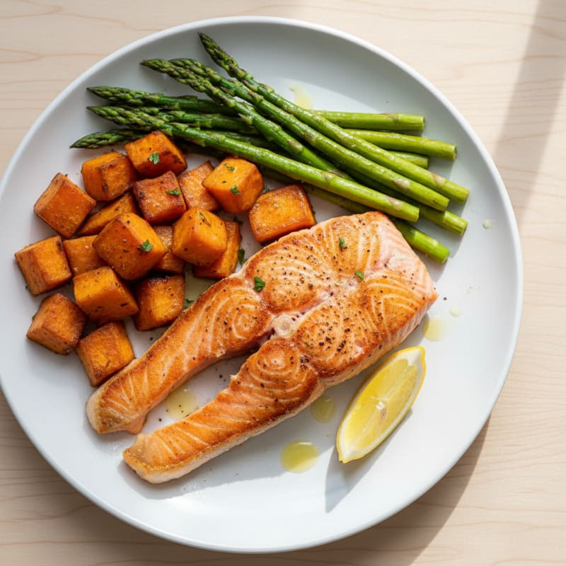Seared Salmon with Roasted Sweet Potatoes and Asparagus