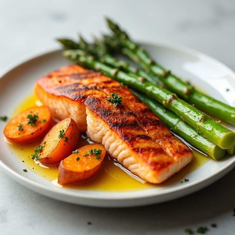 Seared Salmon Fillet with Roasted Sweet Potato and Asparagus