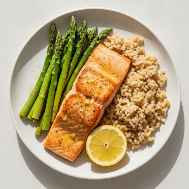 Seared Salmon Fillet with Steamed Asparagus and Brown Rice