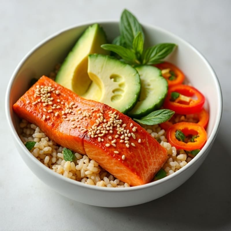 Fresh Salmon and Avocado Rice Bowl with Crunchy Vegetables