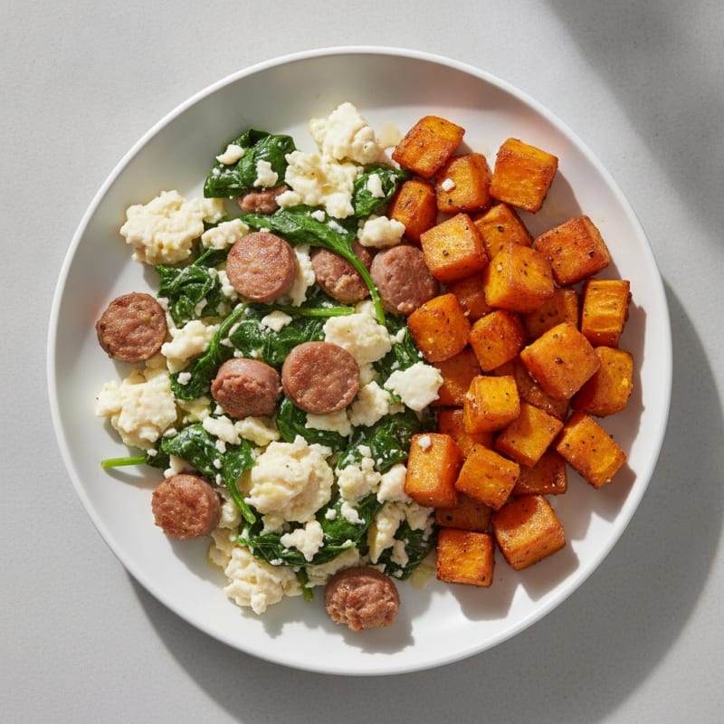 Egg White Spinach Scramble with Turkey Sausage and Roasted Sweet Potato