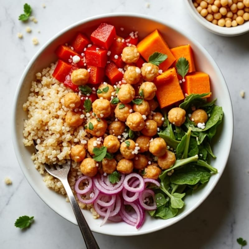 Crispy Chickpea Buddha Bowl with Roasted Vegetables and Creamy Tahini Dressing
