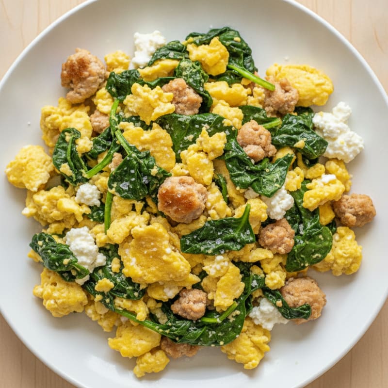 Cottage Cheese Egg Scramble with Spinach and Sautéed Turkey