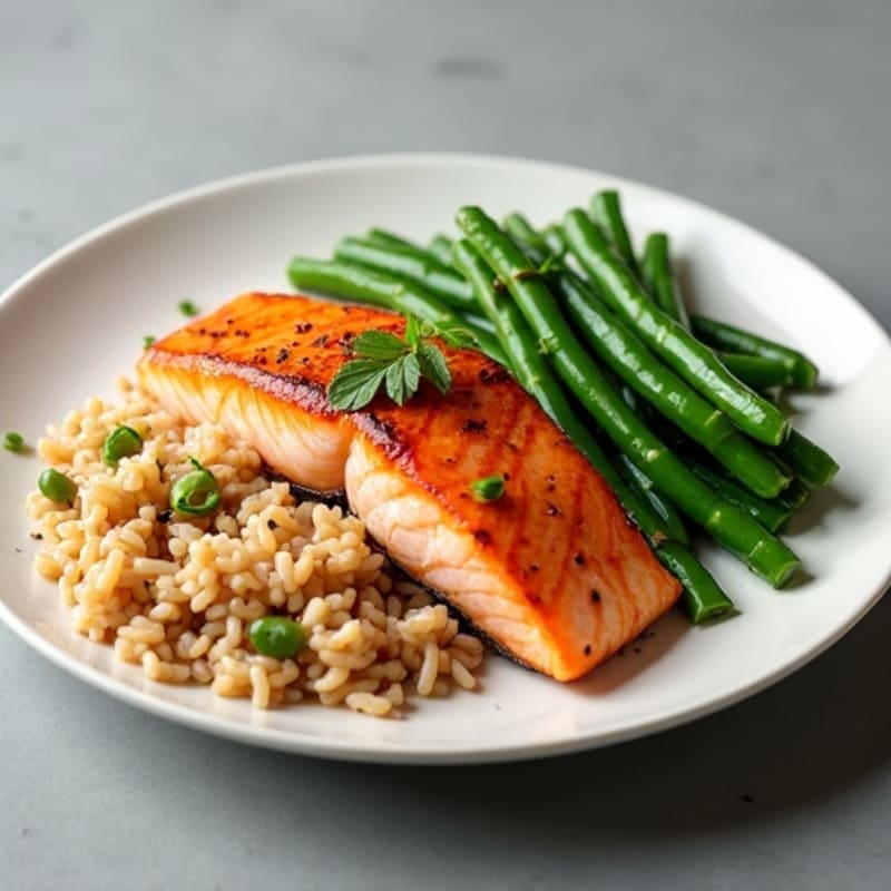 Seared Salmon with Steamed Green Beans and Brown Rice