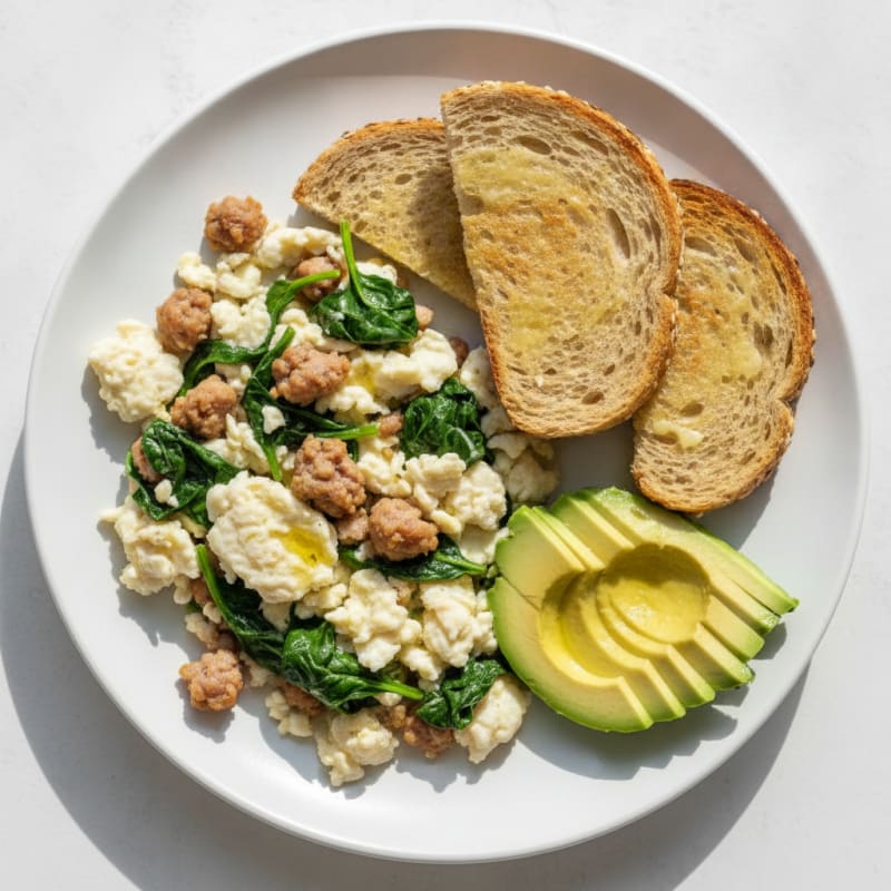 Scrambled Egg Whites with Turkey Sausage and Sautéed Spinach