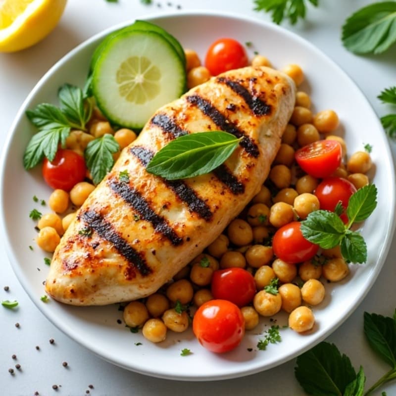 Grilled Lemon-Herb Chicken with Crispy Vegetable and Chickpea Salad