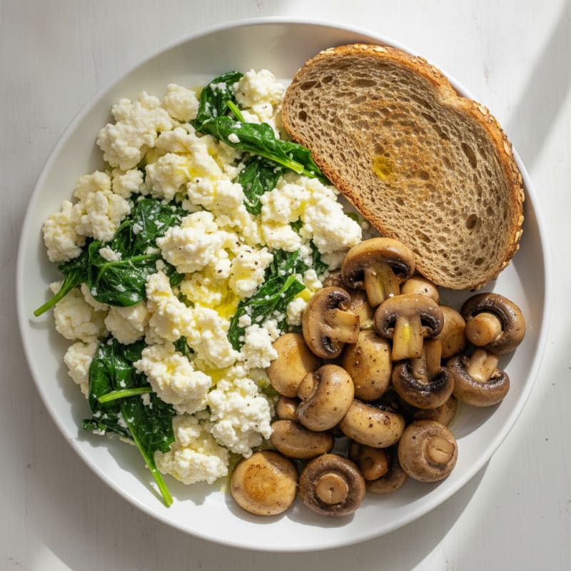 Egg White and Spinach Scramble with Cottage Cheese and Sautéed Mushrooms