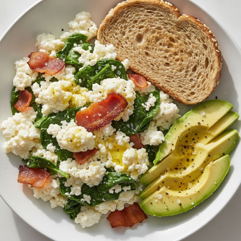 Egg White and Cottage Cheese Scramble with Spinach and Turkey Bacon