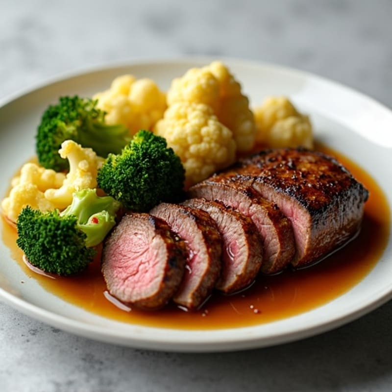 Seared Lean Beef with Roasted Broccoli and Cauliflower