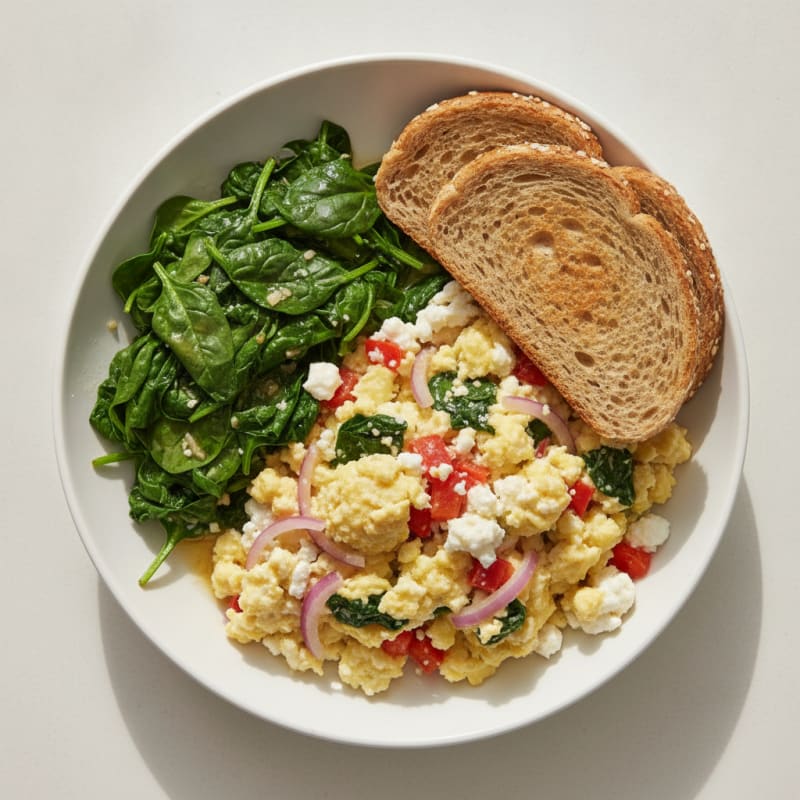 Egg White Veggie Scramble with Cottage Cheese and Sautéed Spinach