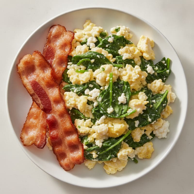 Cottage Cheese Egg Scramble with Spinach and Turkey Bacon