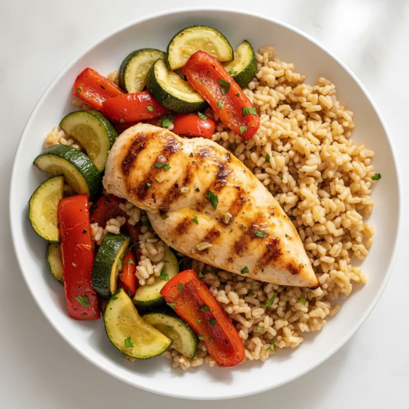 Grilled Chicken with Roasted Vegetables and Brown Rice