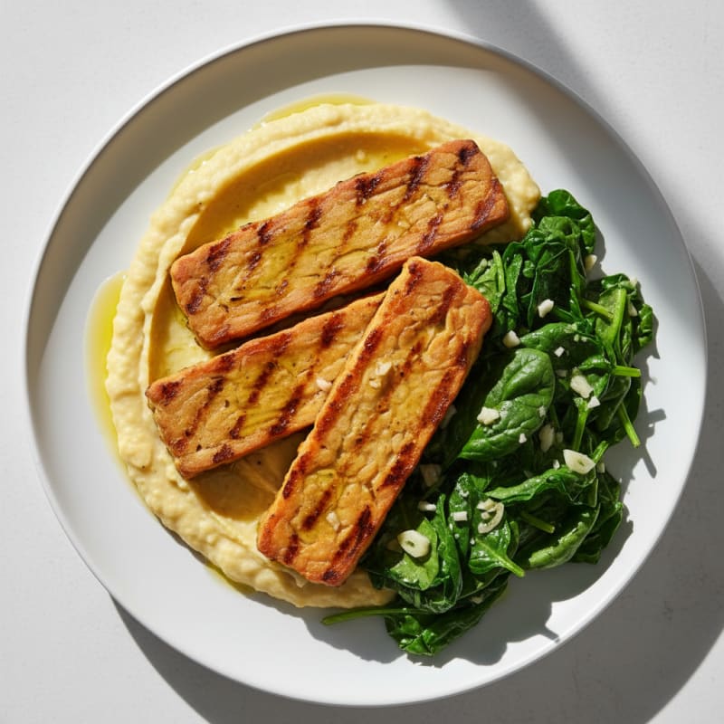 Grilled Tempeh with Creamy White Bean Mash and Garlic Spinach