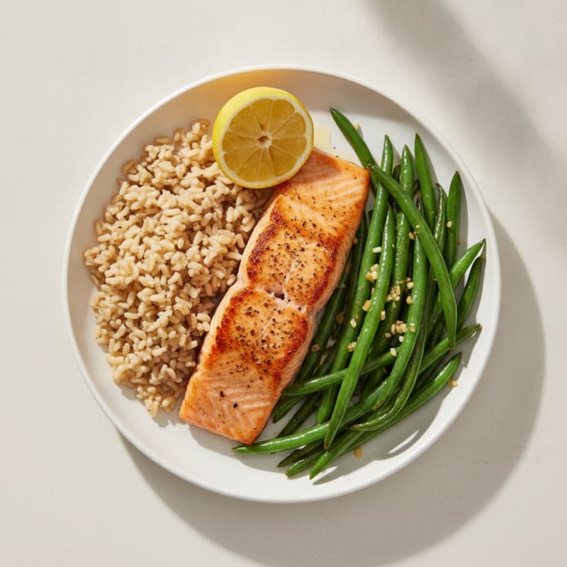 Seared Salmon with Garlic Green Beans and Brown Rice