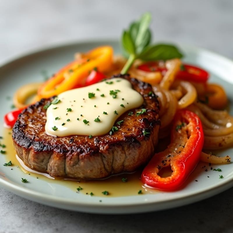 Pan-Seared Steak with Sautéed Peppers, Onions, and Melted Provolone