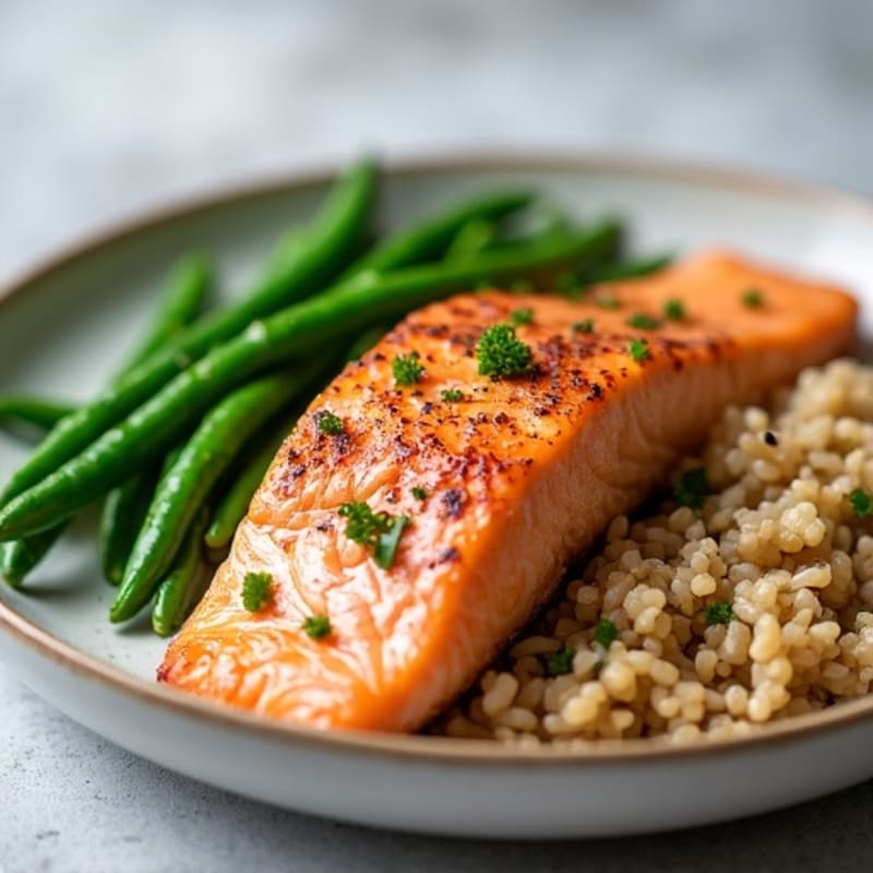 Seared Salmon Fillet with Steamed Green Beans and Brown Rice