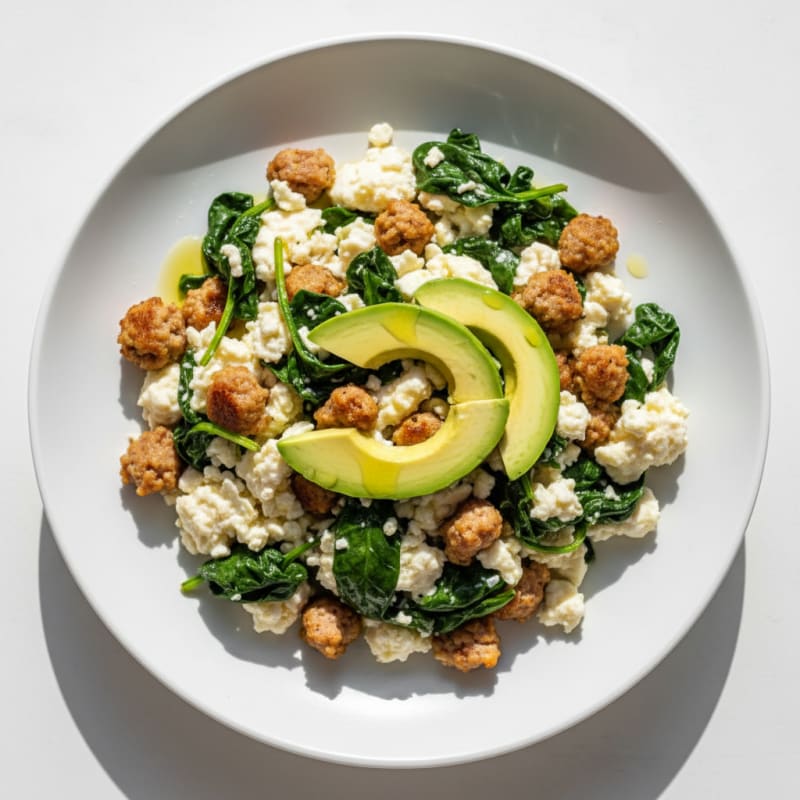 Egg White and Turkey Sausage Scramble with Sautéed Spinach