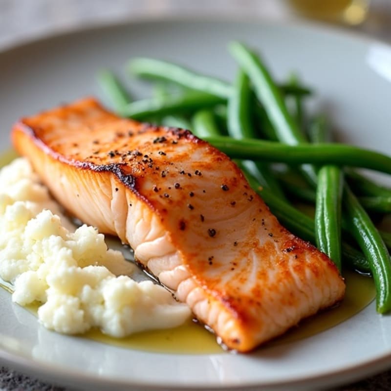Seared Salmon with Garlic Green Beans and Cauliflower Mash