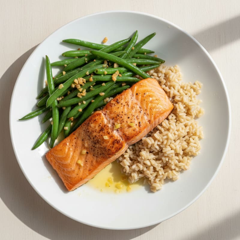 Seared Salmon with Garlic Green Beans and Brown Rice
