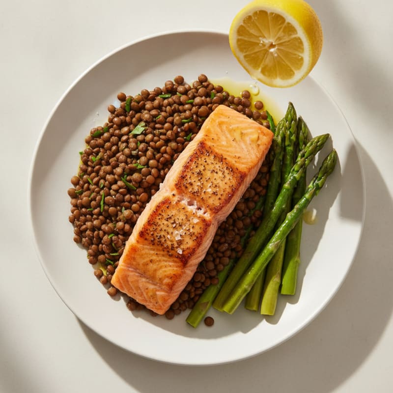 Seared Salmon with Lentils and Steamed Asparagus