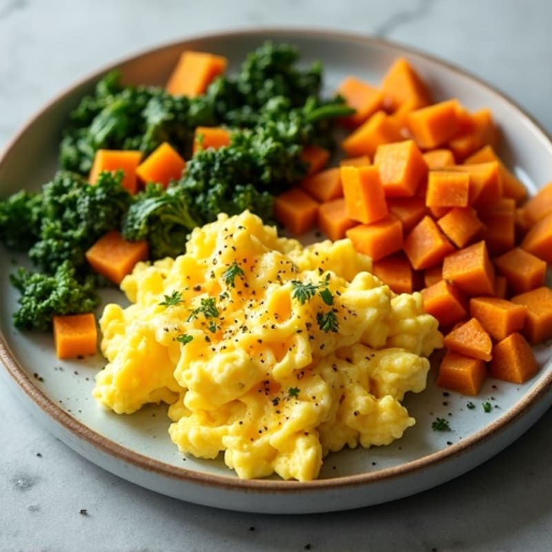 Fluffy Scrambled Eggs with Sautéed Greens and Crispy Sweet Potato Hash