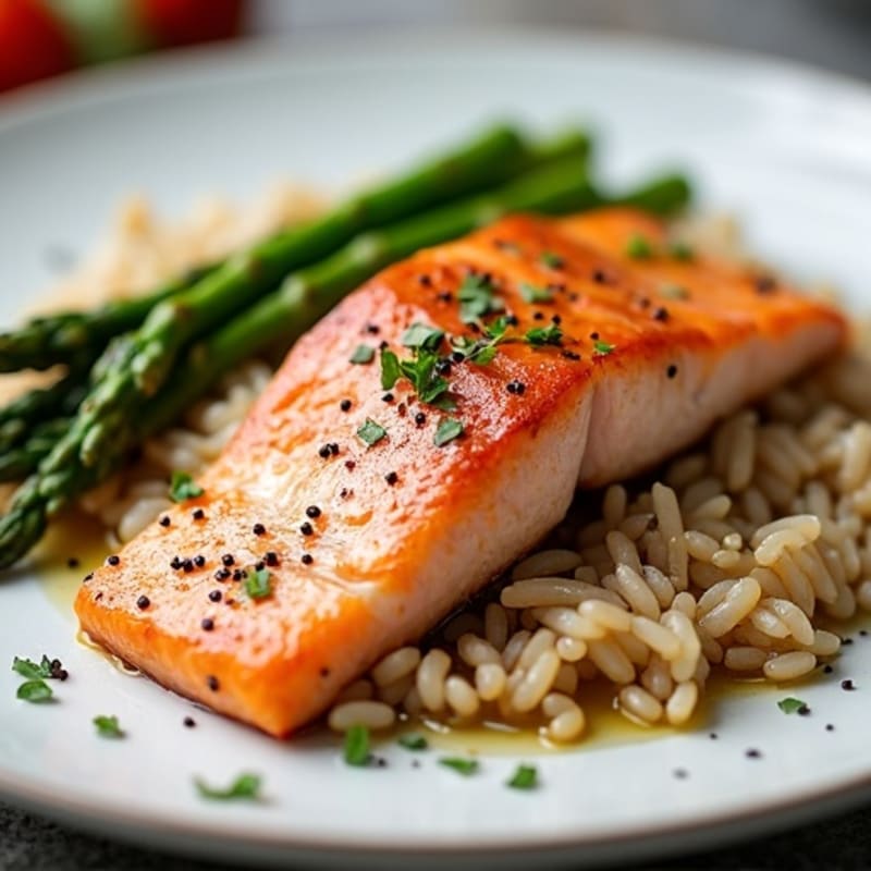 Seared Salmon with Steamed Asparagus and Brown Rice