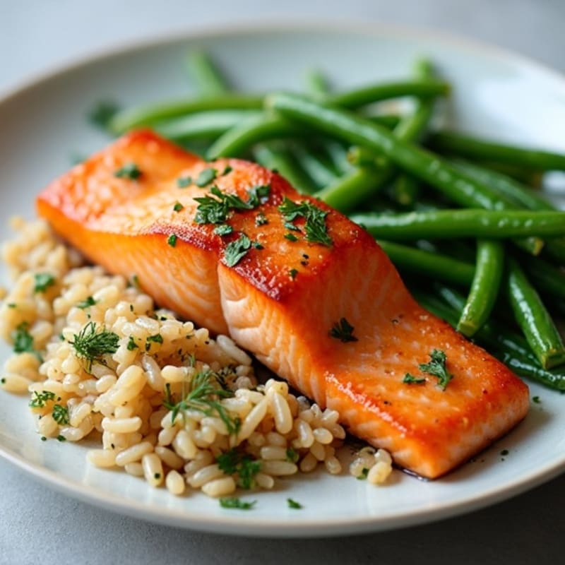 Seared Salmon with Steamed Green Beans and Herbed Brown Rice