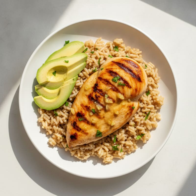 Grilled Chicken Breast with Brown Rice and Avocado Slices
