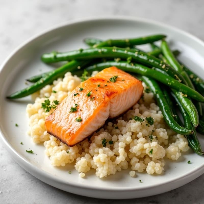 Seared Salmon with Garlic Green Beans and Cauliflower Rice