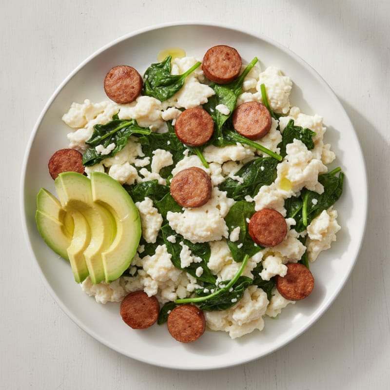 Egg White Scramble with Turkey Sausage and Sautéed Spinach