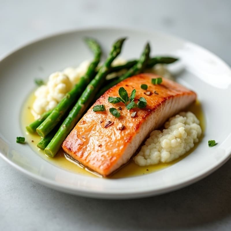 Seared Salmon with Steamed Asparagus and Cauliflower Mash