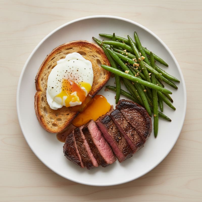 Seared Lean Beef Steak with Garlic Green Beans and Toasted Sourdough