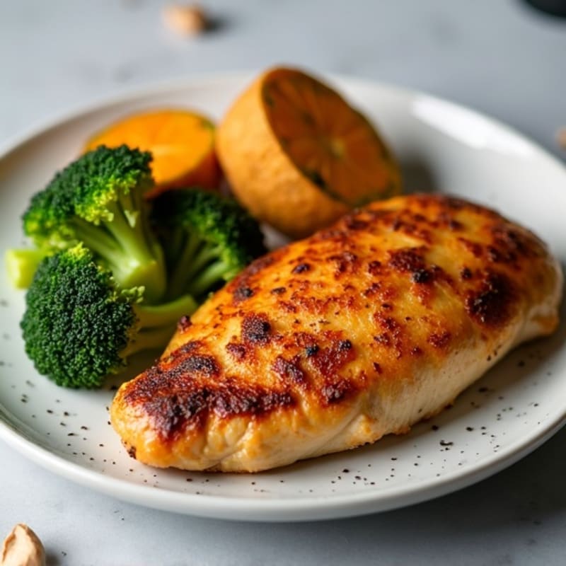 Crispy Pan-Seared Chicken with Roasted Broccoli and Sweet Potato