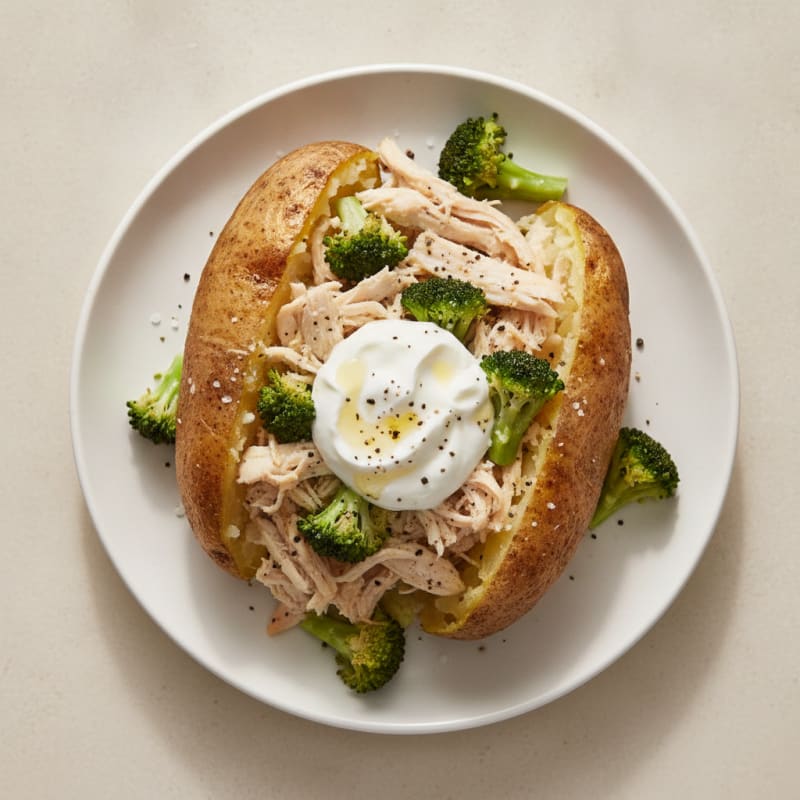 Baked Potato with Shredded Chicken and Broccoli