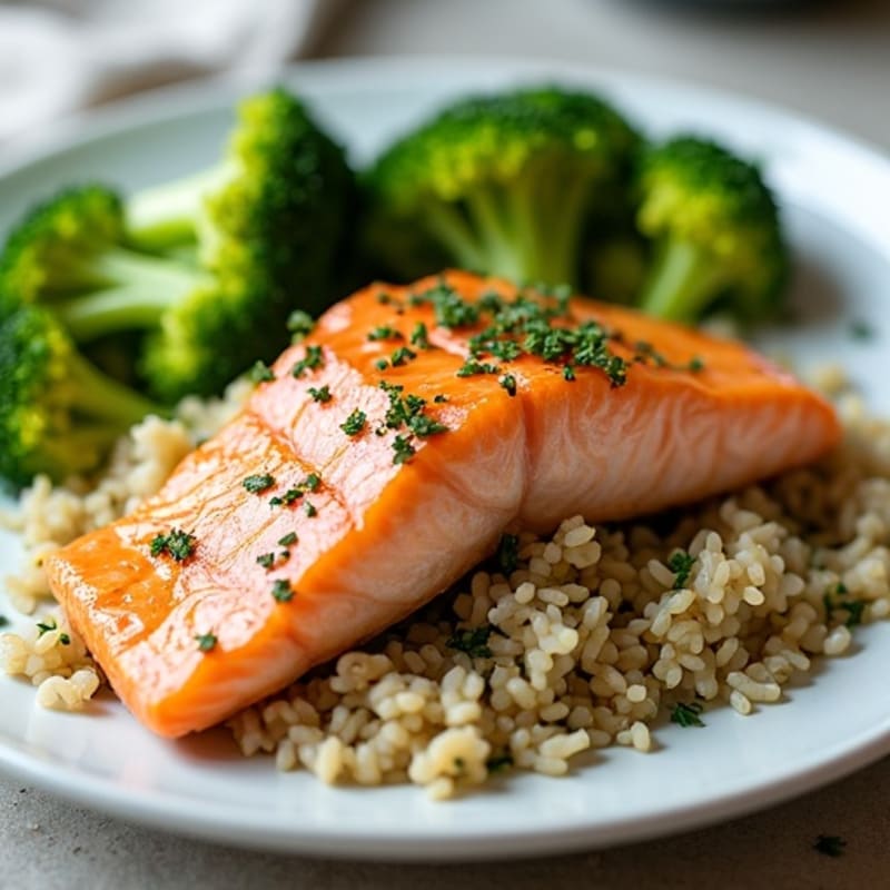 Seared Salmon with Herb Rice and Steamed Broccoli