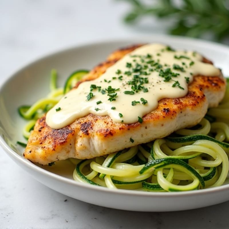 Creamy Cauliflower Alfredo Chicken with Zucchini Noodles