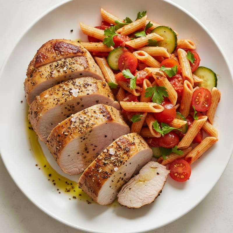 Roasted Pork Loin with Tomato Pasta Salad