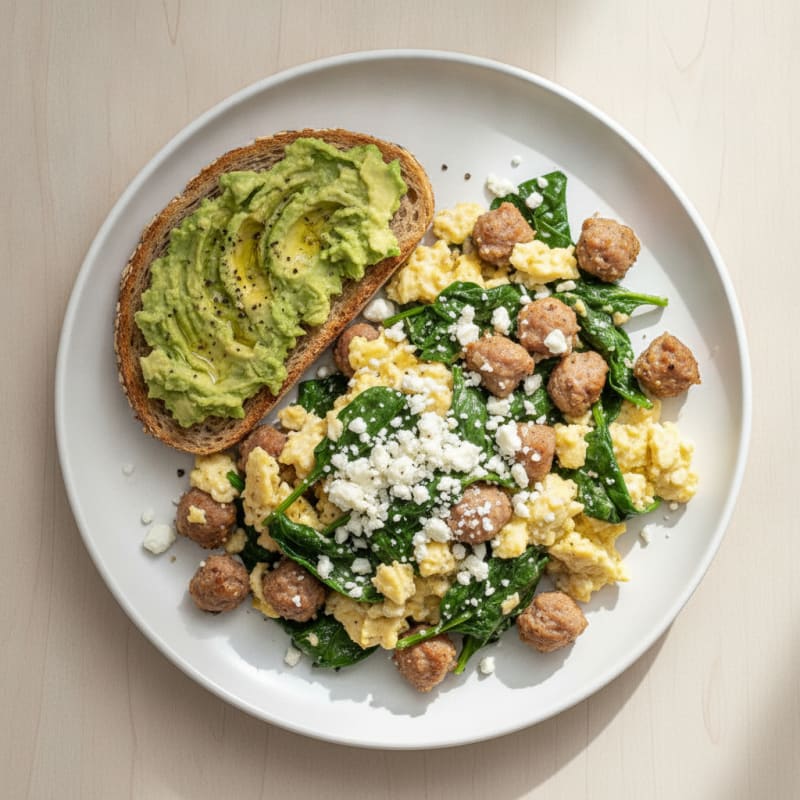 Egg White and Turkey Sausage Scramble with Spinach and Feta