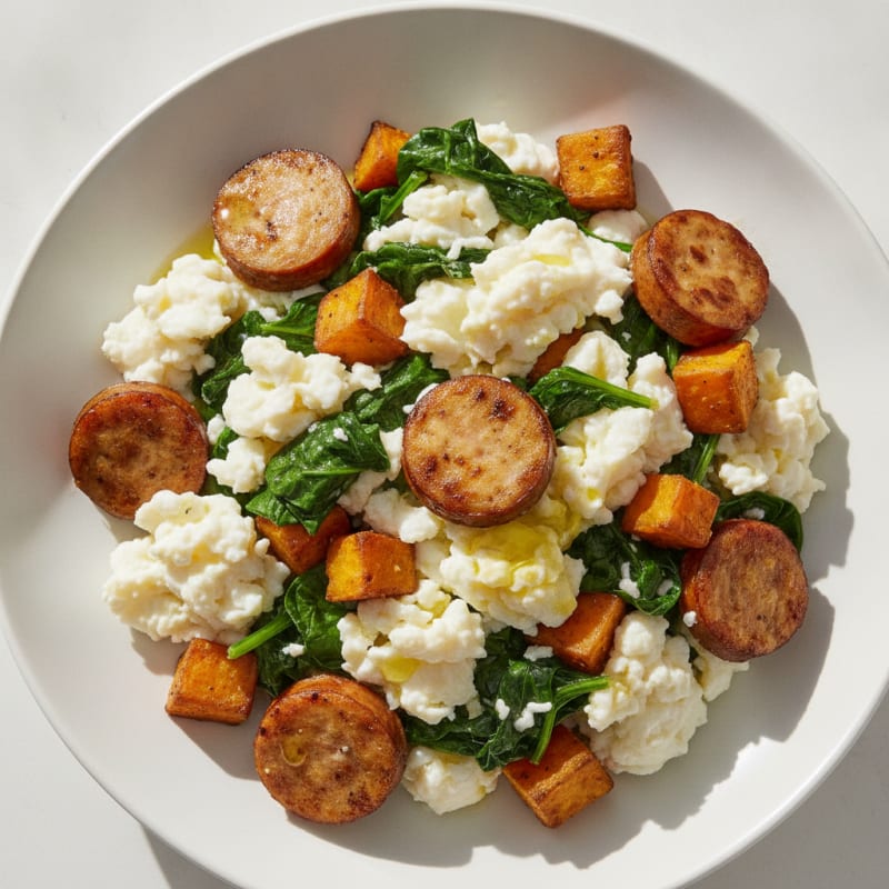 Scrambled Egg Whites with Chicken Sausage and Sautéed Spinach